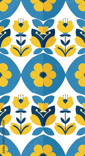 Floral pattern design with yellow flowers and blue oval shapes repeating.