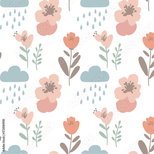 Floral pattern with flowers and clouds in a seamless design.
