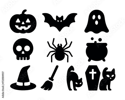 Halloween icons: pumpkin, bat, ghost, skull, spider, cauldron, witch hat, broom, cat, coffin