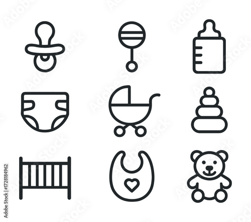 Infant essentials icons: pacifier, rattle, bottle, diaper, stroller, stacking toy, crib, bib, teddy bear