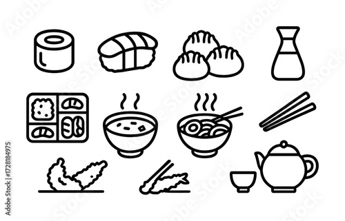 Icon set of japanese cuisine: sushi, ramen, dumplings, tea, bento box