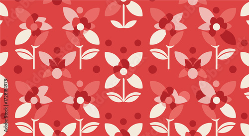 Floral pattern with stylized flowers in shades of red and white on a red background.