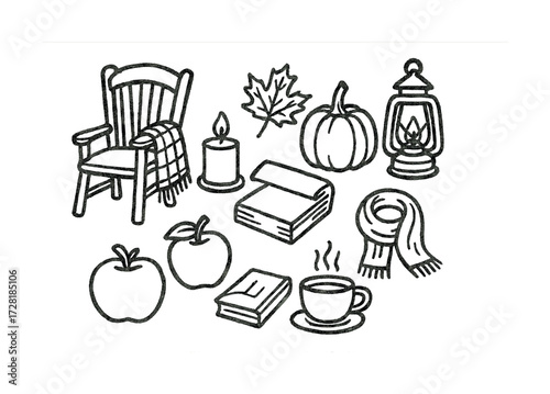 Cozy autumn elements with chair, pumpkins, books, and scarf in black and white