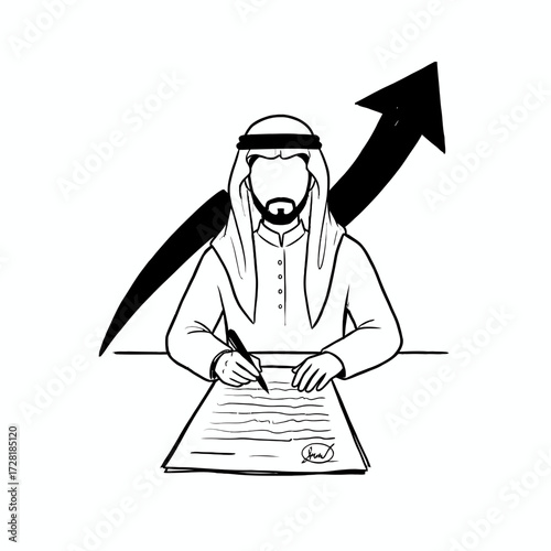 Arab man signing a document with an arrow pointing upwards behind him.
