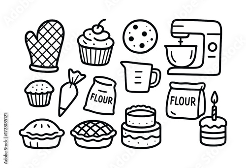 Baking tools and ingredients illustration with cakes and mixer