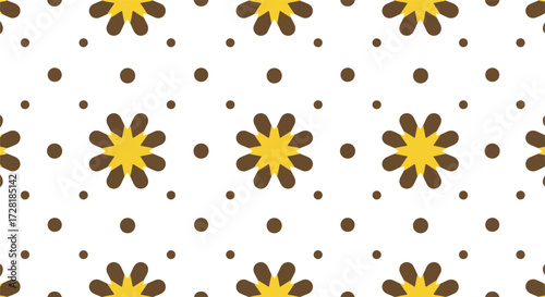 Floral pattern with yellow flowers and dots on white background.
