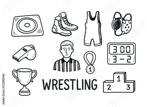 Wrestling equipment and symbols: referee, shoes, mat, trophy, medal, timer