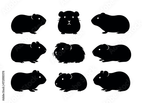 Silhouette collection of nine guinea pigs in various poses on white background