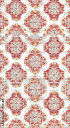 Floral pattern repeating design with symmetrical shapes and intricate details.