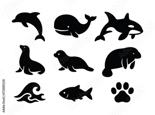 Silhouette icons of marine animals: dolphin, whale, shark, seal, manatee, wave, fish, paw print
