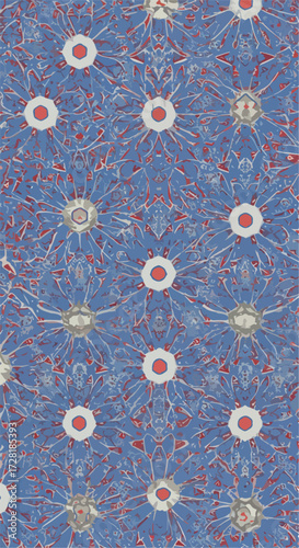 Floral pattern with white and red flowers on a blue background repeating design.