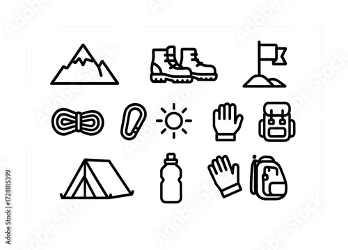 Simple set of camping icons featuring gear, tent, mountain, flag, backpack, and water bottle