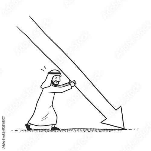 Cartoon of a man in traditional Arab clothing pushing against a large downward arrow.