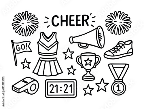 Cheerleading symbols: pom-poms, trophy, megaphone, cheerleader uniform, star icons