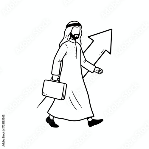 Line drawing of a man in traditional Arab clothing walking with a briefcase, an upward arrow behind him.