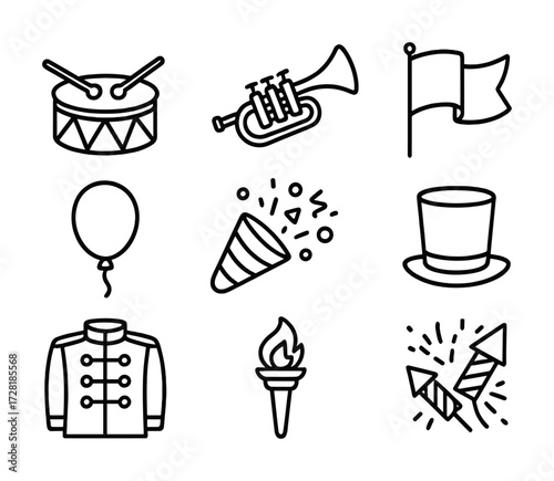 Icon set of parade elements with drum, trumpet, and fireworks illustrations