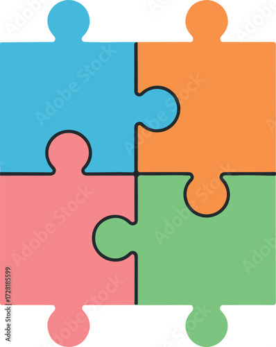 Four colorful puzzle pieces interlocked representing teamwork and problem solving.