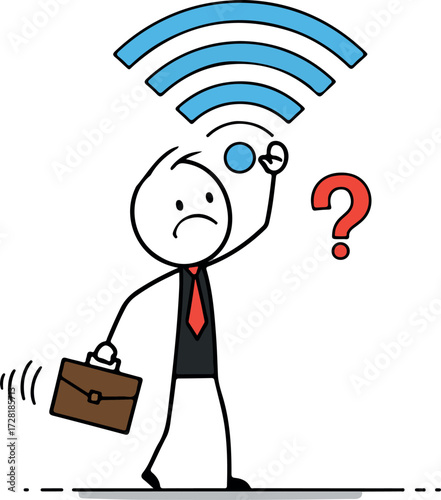 Frustrated businessman struggles with poor WiFi connection and technical issues.