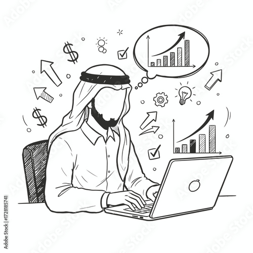 An Arab businessman working on a laptop, visualizing financial growth and success.