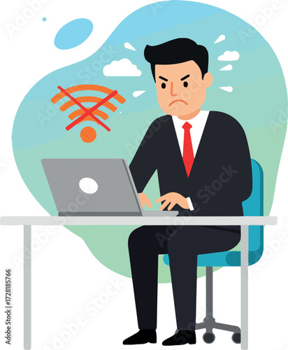 Frustrated businessman with laptop experiencing internet connection issues at work.