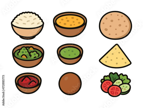 Indian cuisine elements: rice, lentils, bread, vegetables, chutney, spices