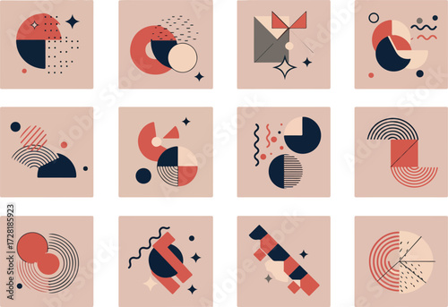 Geometric abstract art collection with various shapes and colors 1.
