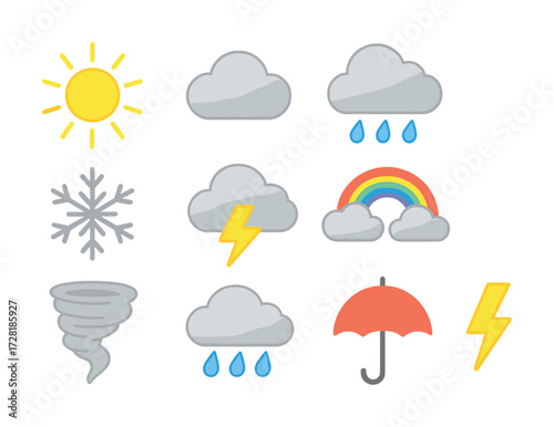 Weather icons: sun, clouds, rain, snowflake, lightning, tornado, rainbow, umbrella