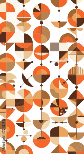 Geometric abstract art composition with orange and brown shapes and patterns.