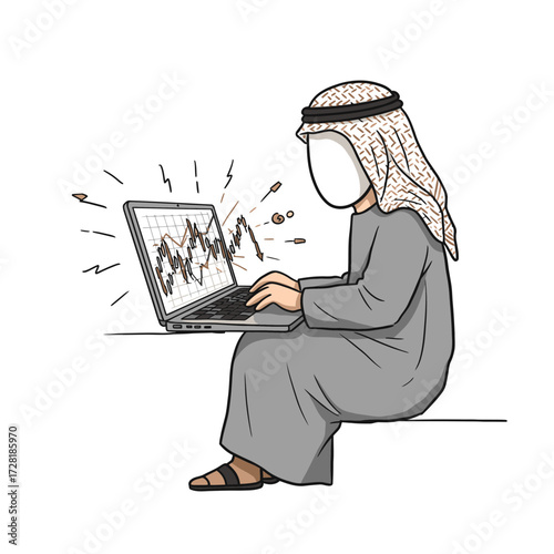 An Arab man in traditional dress sits with a laptop displaying stock market charts, with radiating lines.