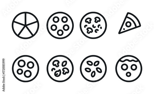 Minimalist pizza icons set featuring various toppings and slices