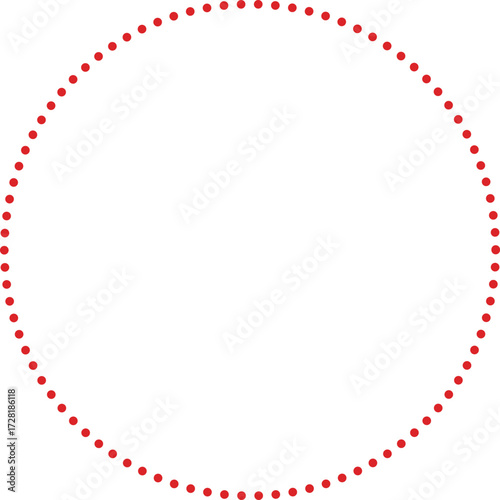 This is a minimalist graphic image featuring a large circle composed entirely of small, red dots. These dots are evenly spaced and form a perfect circular outline against a plain.