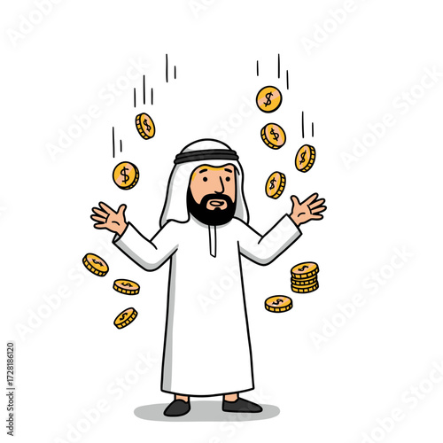 An Arab man in traditional attire joyfully catching falling gold coins.