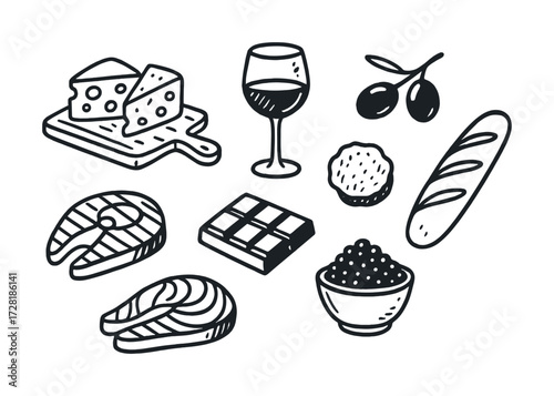 Hand-drawn gourmet foods with wine, cheese, bread, chocolate, salmon, caviar, olives