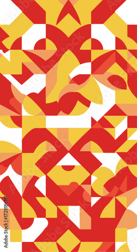 Geometric abstract art with vibrant colors and intricate shapes creating a dynamic composition.