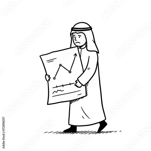 Man in traditional Arabic clothing holding a chart showing an upward trend.