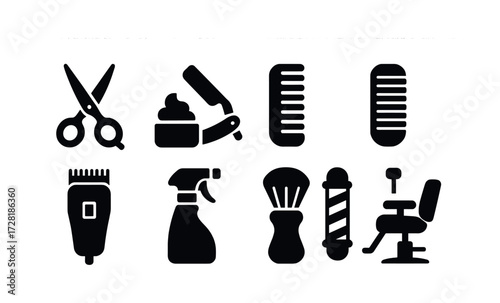 Barber tools icons: scissors, razor, comb, clipper, spray, brush, pole, chair