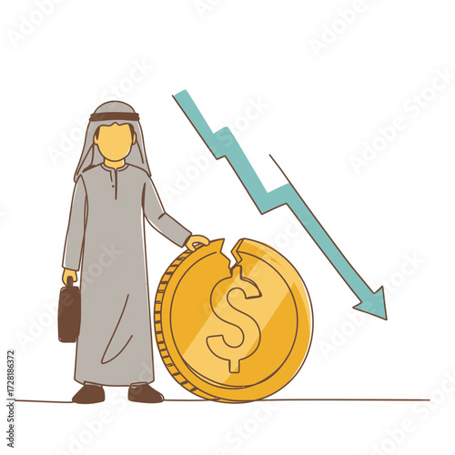 An Arab businessman next to a broken coin, representing financial decline.