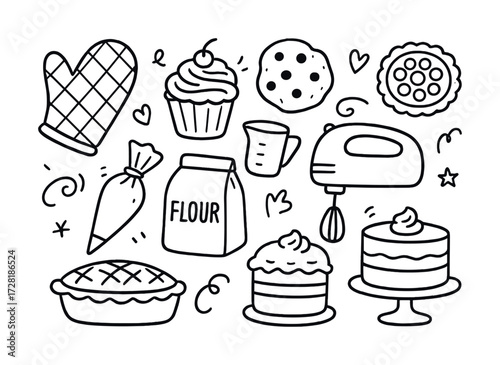 Baking doodle collection: cupcakes, pastry tools, and ingredients in black and white