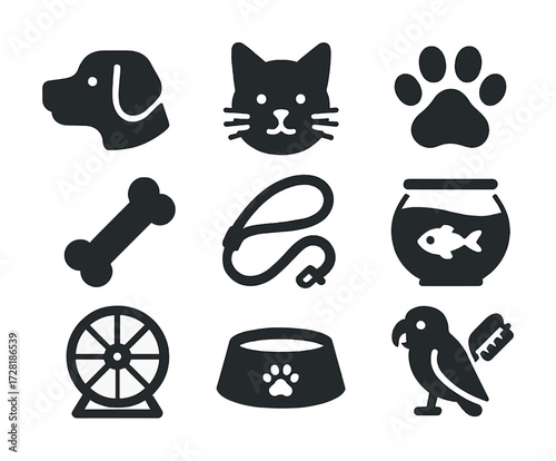 Pet icons: dog, cat, fish, bird, paw print, bone, leash, wheel, bowl