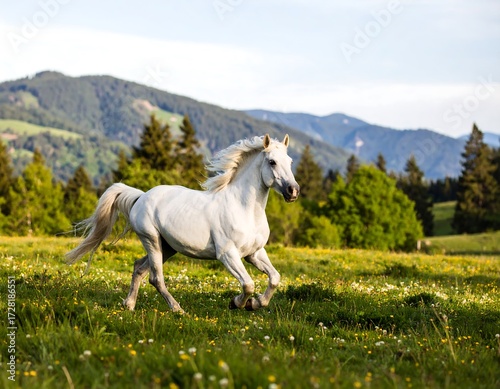 Majestic white horse running in a grassy meadow with mountains in the background