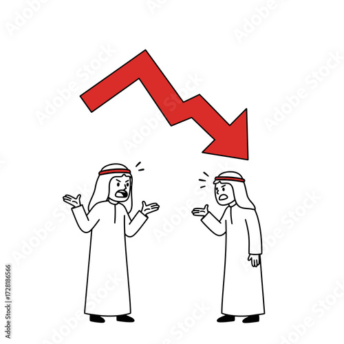 Two Arab men gesturing in distress under a downward-pointing red arrow, symbolizing economic decline.