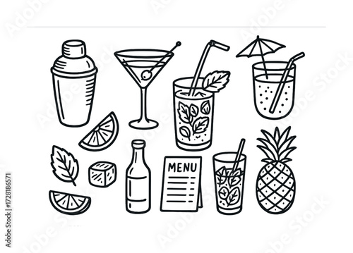 Hand-drawn cocktail icons with shaker, lemon, pineapple, and drinks menu