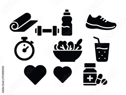 Icons of fitness and health featuring exercise, nutrition, and wellness symbols