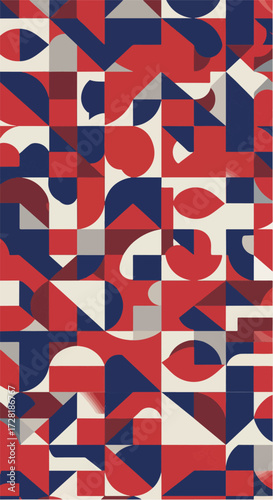 Geometric abstract design with red and blue shapes on white background.