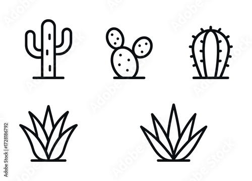 Minimalist cactus and succulent icons in simple line style