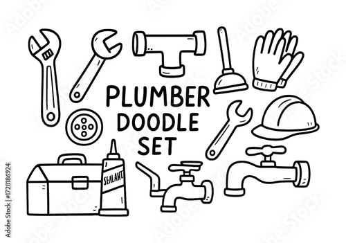 Plumbing tools doodle illustration with wrench, plunger, faucet, and toolbox