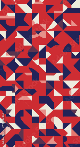 Geometric abstract design with red blue and white shapes creating a pattern.