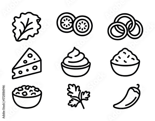Black and white food icons: cheese, vegetables, salad, herbs, and seasonings