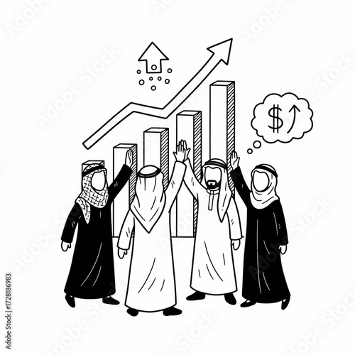 Illustration depicting Arab businessmen celebrating financial growth and success with a rising graph.