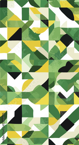 Geometric abstract pattern with green and yellow shapes and forms.